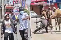 Collage photo of police officers mishandling a disabled man.